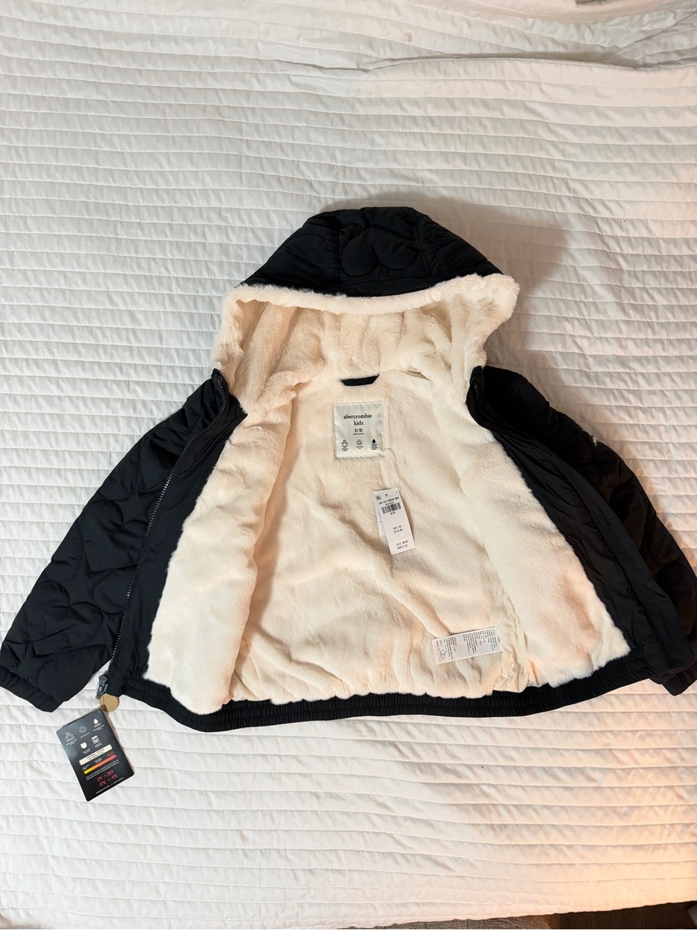 abercrombie kids Black Quilted Puffer Jacket with Cream Faux-Fur Lining